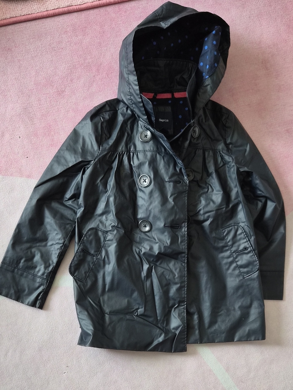 GAP Black Hooded Double-Breasted Raincoat with Dot-Lined Hood